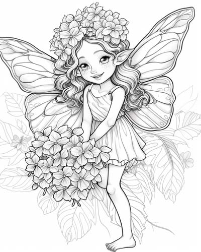 coloring page of a hydrangea fairy