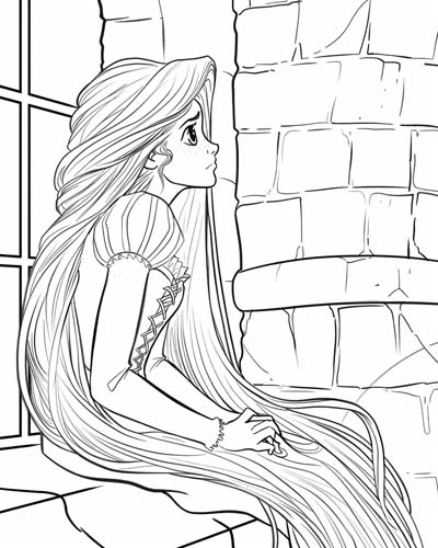 coloring page of rapunzel in a tower