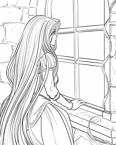 coloring page of rapunzel in a tower