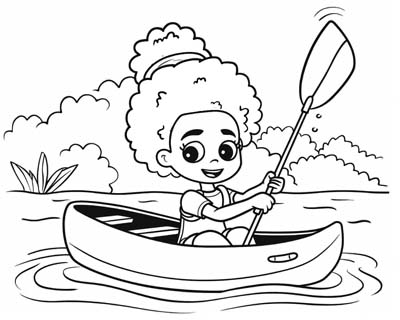 coloring page of an African American girl in a canoe
