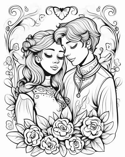 Valentine's Day couple with roses coloring page